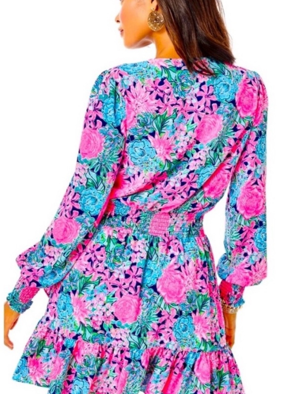 Lilly Pulitzer Pink & Aqua Floral Long-Sleeve Smocked-Waist Dress